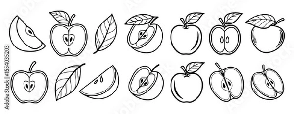 Fototapeta Collection of stylized black and white line art illustrations featuring whole apples halved apples apple slices and apple leaves presented in a horizontal arrangement on a clean white background