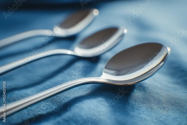 Obraz Three spoons on a blue fabric.  Close-up, shallow depth of field