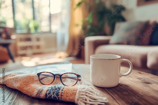 Fototapeta Coffee mug placed on a wood table in living room, accompanied by an open book and reading glasses, evoking a peaceful and homely atmosphere. Concept of relaxation, lifestyle and interior comfort.