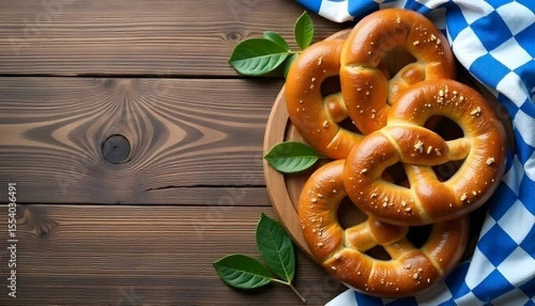 Fototapeta A rustic wooden table features Bavarian pretzels on a blue and white checkered cloth, symbolizing Oktoberfest traditions
