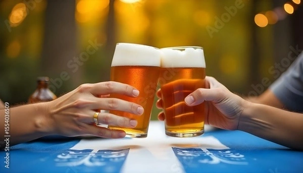 Fototapeta Two people in traditional German outfits toast with beer glasses at an Oktoberfest table, featuring pretzels in the background