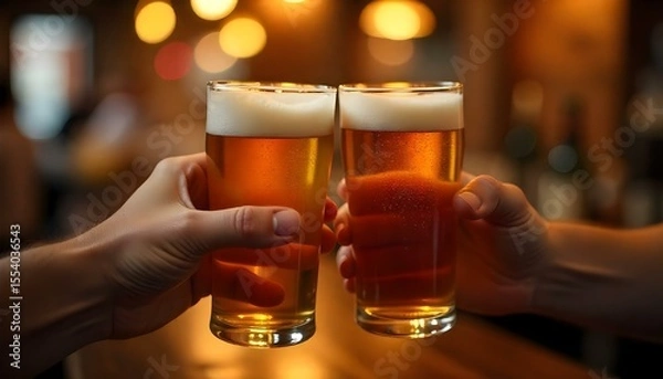 Fototapeta Two individuals in lederhosen and dirndl toast with beer glasses at Oktoberfest, surrounded by pretzels and festive atmosphere