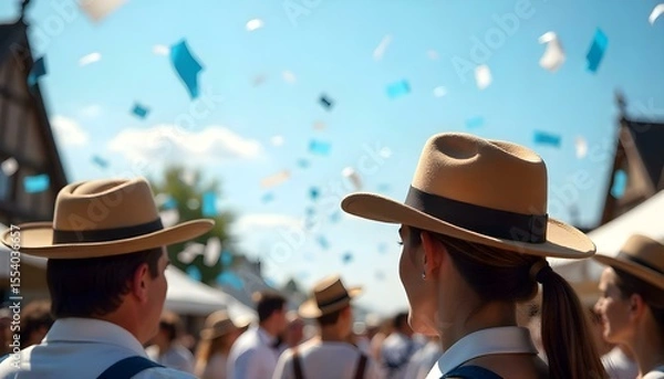 Fototapeta Celebrants at Oktoberfest wear hats and white shirts, with some dressed in lederhosen and dirndls amidst a festive atmosphere