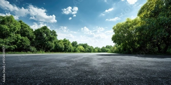 Fototapeta Asphalt road flanked by lush green trees under a bright blue sky with fluffy clouds
