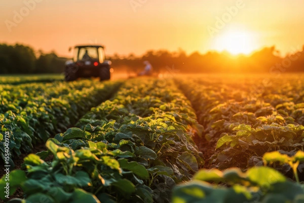 Fototapeta Vast potato farm illuminated by golden hour sunlight featuring rows of lush green potato plants and a tractor in the foreground. Concept of agriculture, farming lifestyle and rural sustainability.
