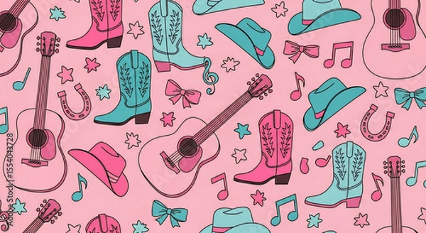 Fototapeta Seamless country western pattern featuring pink and teal cowboy boots, hats, guitars, musical notes, bows, and stars on a pink background. Ideal for textiles, digital paper, or event invitations