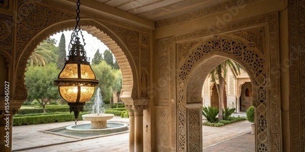 Fototapeta Intricate Archway with Hanging Lantern and Courtyard Fountain, Moorish Architecture, Andalusian Palace Moorish architecture, Andalusian palace