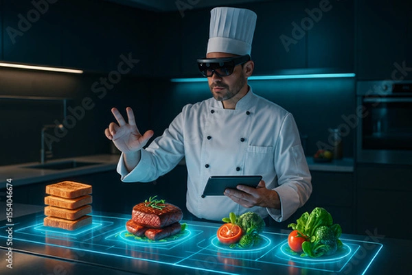 Obraz A chef in a futuristic kitchen uses AR glasses to interact with holographic food. High-tech cooking with glowing surfaces and 3D food displays.
