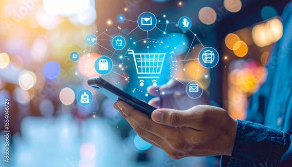 Obraz Close-up of a person shopping online using a smartphone, with holographic e-commerce icons floating around, representing digital technology and innovation.