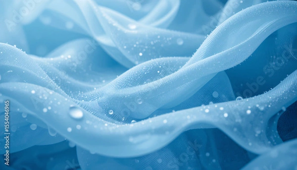 Obraz Close-up of soft flowing fabric with water droplets, creating a serene and delicate visual effect in soft blue tones.