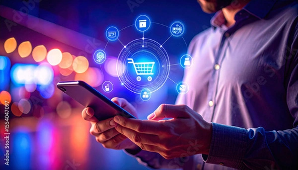 Obraz Close-up of a person shopping online using a smartphone, with holographic e-commerce icons floating around, representing digital technology and innovation.