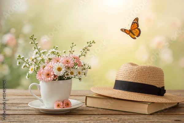 Obraz a cozy moment with flowers, a hat, and a butterfly in a peaceful nature setting