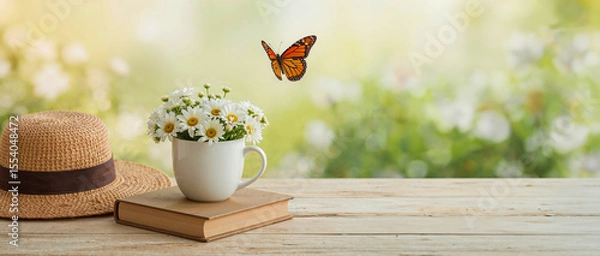 Obraz summer nature background with daisies, a book, and a butterfly