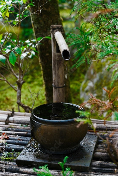 Obraz Serene Japanese Garden Scene: Traditional Tsukubai (Stone Wash Basin) in Japanese Garden