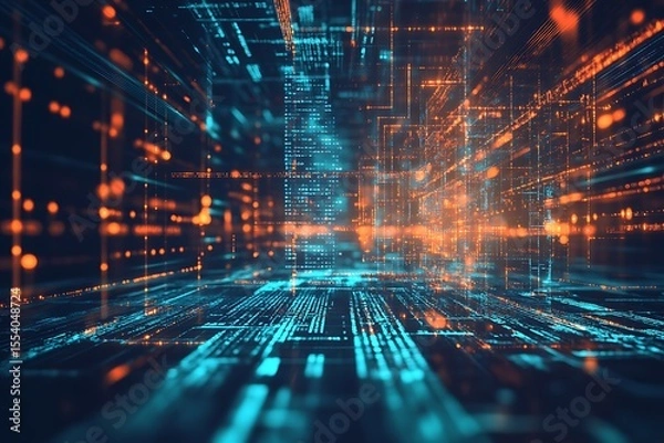 Fototapeta Digital technology background with abstract data stream and cyberspace visualization
