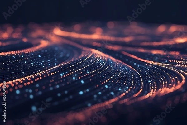 Fototapeta Abstract data stream visualization with flowing light particles and dark background