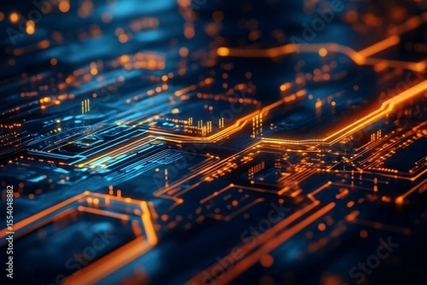 Fototapeta Artificial intelligence circuit board background with glowing lines and data streams. Tech concept