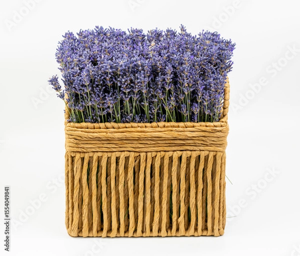Obraz Fresh lavender flowers in a rectangular wicker basket isolated on white background.