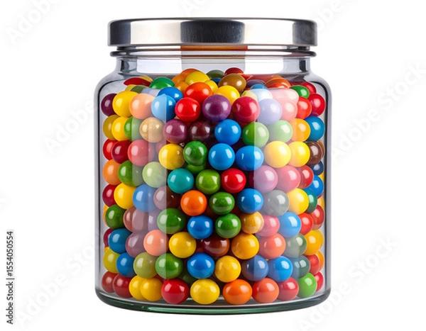 Obraz  Clear glass jar filled with multicolored candy balls, front view, isolated on transparent background PNG