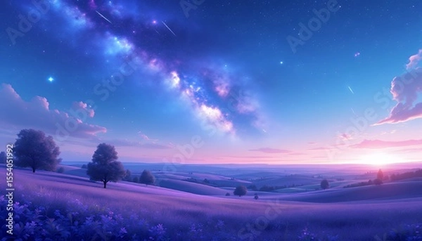 Fototapeta A serene twilight scene of rolling hills under a starry sky filled with galaxies.
