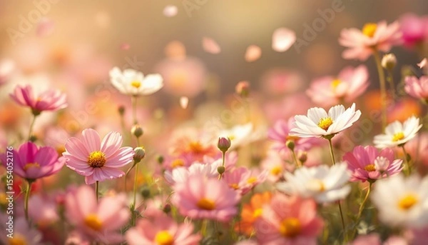 Fototapeta Vibrant bloom of pink and white flowers swaying in a gentle breeze.