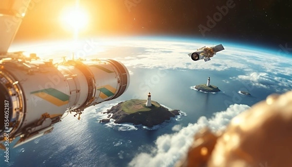 Fototapeta Futuristic spacecraft in orbit, overlooking Earth and a serene landscape at sunrise.