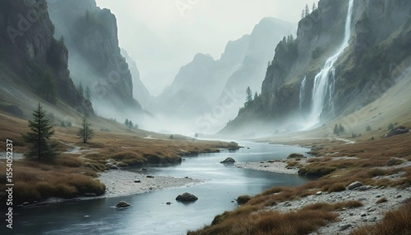 Fototapeta Misty valley with a flowing river and cascading waterfall in serene landscape.