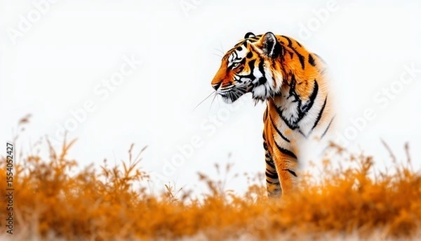 Fototapeta Majestic tiger in profile against a soft white and orange background.