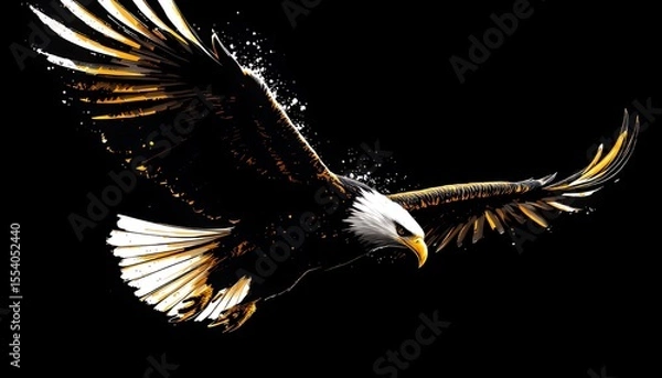 Fototapeta Majestic eagle soaring with powerful wings against a dark backdrop.
