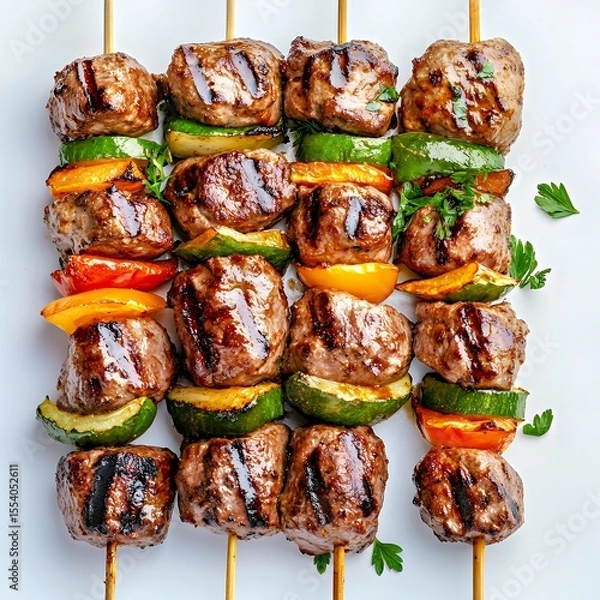 Fototapeta Grilled meat and vegetable skewers with vibrant colors and rich textures.