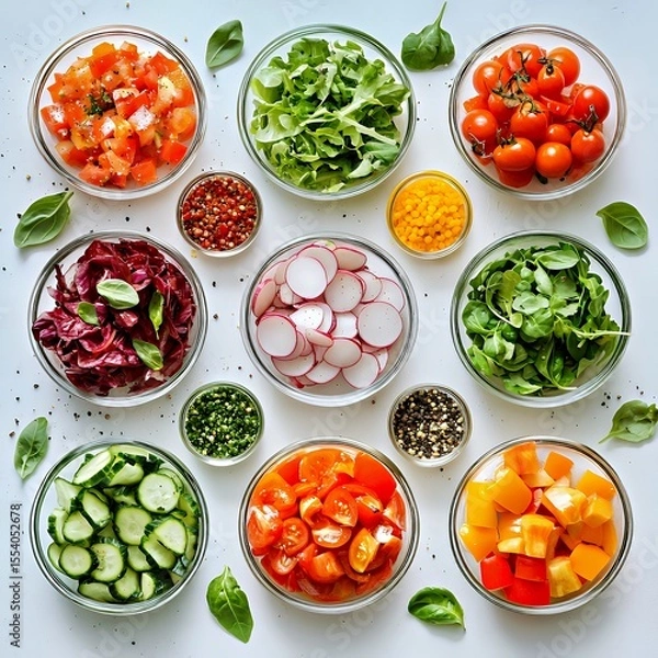 Fototapeta Colorful assortment of fresh vegetables in bowls, showcasing vibrant colors and textures.