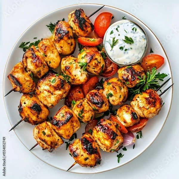 Fototapeta Delicious grilled chicken skewers served with creamy sauce and fresh vegetables.