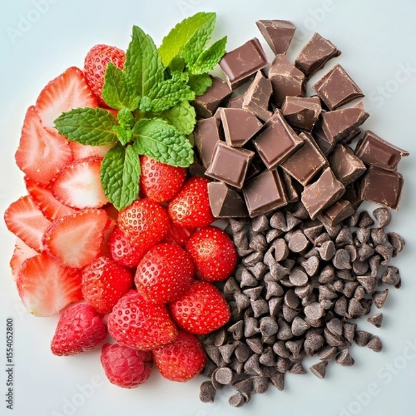 Fototapeta A vibrant arrangement of fresh strawberries, raspberries, and chocolate chunks.