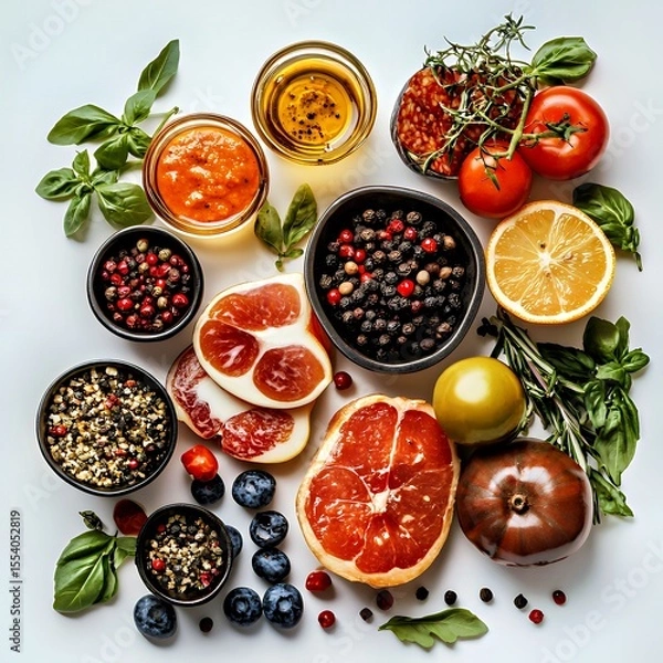 Fototapeta Colorful arrangement of fresh ingredients with fruits and herbs on a white background.