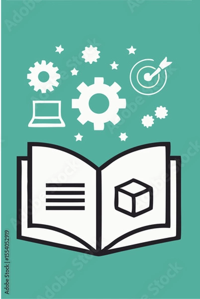 Fototapeta An illustrated book with gears and a target, symbolizing innovation and learning.