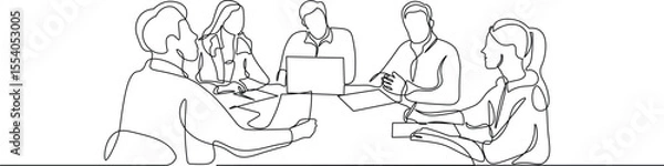 Fototapeta One Line Art People in a Business Meeting Discussing Ideas and Strategy. Minimalist illustration of people meeting in black linear sketch, isolated on white background.
