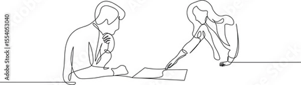 Fototapeta One-Line Art of Businesswoman Explaining a New Idea or Strategy. Minimalist illustration of man and women working together, sketch in black linear sketch isolated on white background
