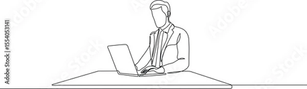 Fototapeta Continuous Line Drawing of a Man Using Laptop at a Table. Minimalist illustration of people working on laptop in black linear sketch isolated on white background