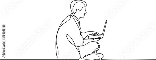 Fototapeta One Line Art Man Sitting on the Floor with Laptop. Minimalist Freelance and Remote Work Concept