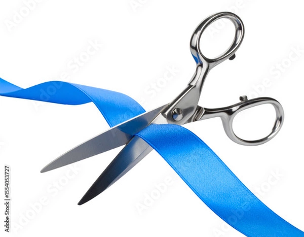 Obraz  Close-up of silver scissors cutting blue ribbon, front view, isolated on white background PNG
