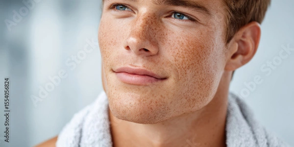 Fototapeta Close-up portrait of a young man with freckles, blue eyes, and a slight smile, wearing a white towel around his neck.