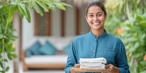 Fototapeta A smiling woman in a blue uniform holds a tray with towels and a bowl, standing outdoors near lush greenery and a cozy, blurred lounge area.