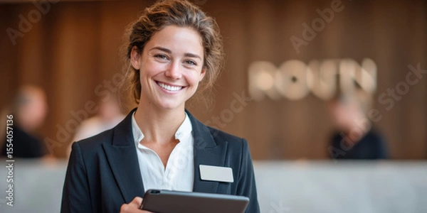 Fototapeta A smiling professional woman in business attire holds a tablet in a modern office lobby with blurred background.
