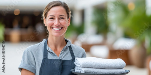 Fototapeta A smiling woman wearing an apron holds a tray with neatly folded white towels, standing outdoors in a bright, blurred background.