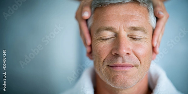Fototapeta A middle-aged man with closed eyes enjoys a calming head massage, appearing relaxed and serene.