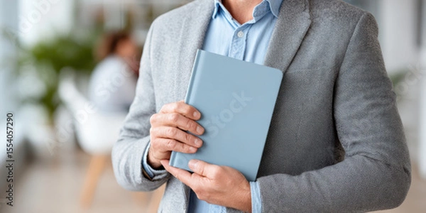 Fototapeta A person in a gray blazer holds a light blue book or notebook close to their chest in an indoor setting with blurred background.