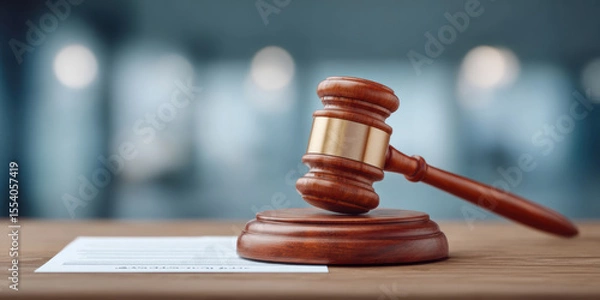 Fototapeta A wooden judge's gavel rests on a sound block beside a legal document, symbolizing justice and courtroom decisions.