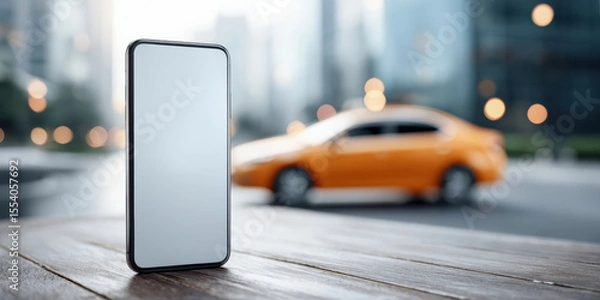 Fototapeta A smartphone with a blank screen stands on a wooden surface with a blurred city street and an orange car in the background.