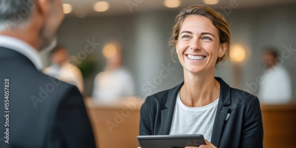 Fototapeta A smiling businesswoman holding a tablet engages in a professional conversation with a colleague in a modern office setting.