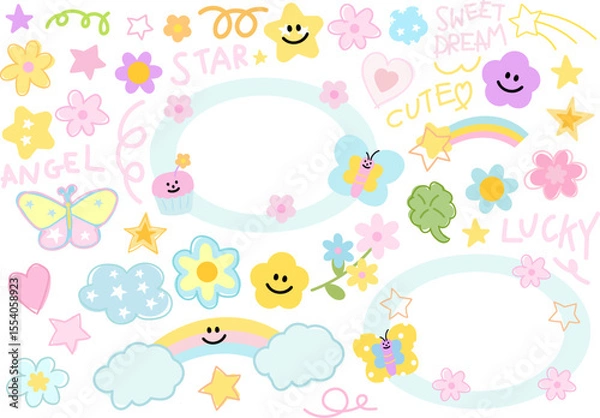 Fototapeta Cute vector illustrations of pastel butterfly, heart, rainbow and cloud, star, flower, clover leaf for decorations, cartoon, characters, comic, stickers, patch, nature, garden, insects, summer break